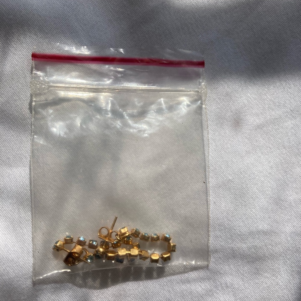 Aquamarine Blue Rhinestone Hoop Chain Gold Earrings - Picture 4 of 4